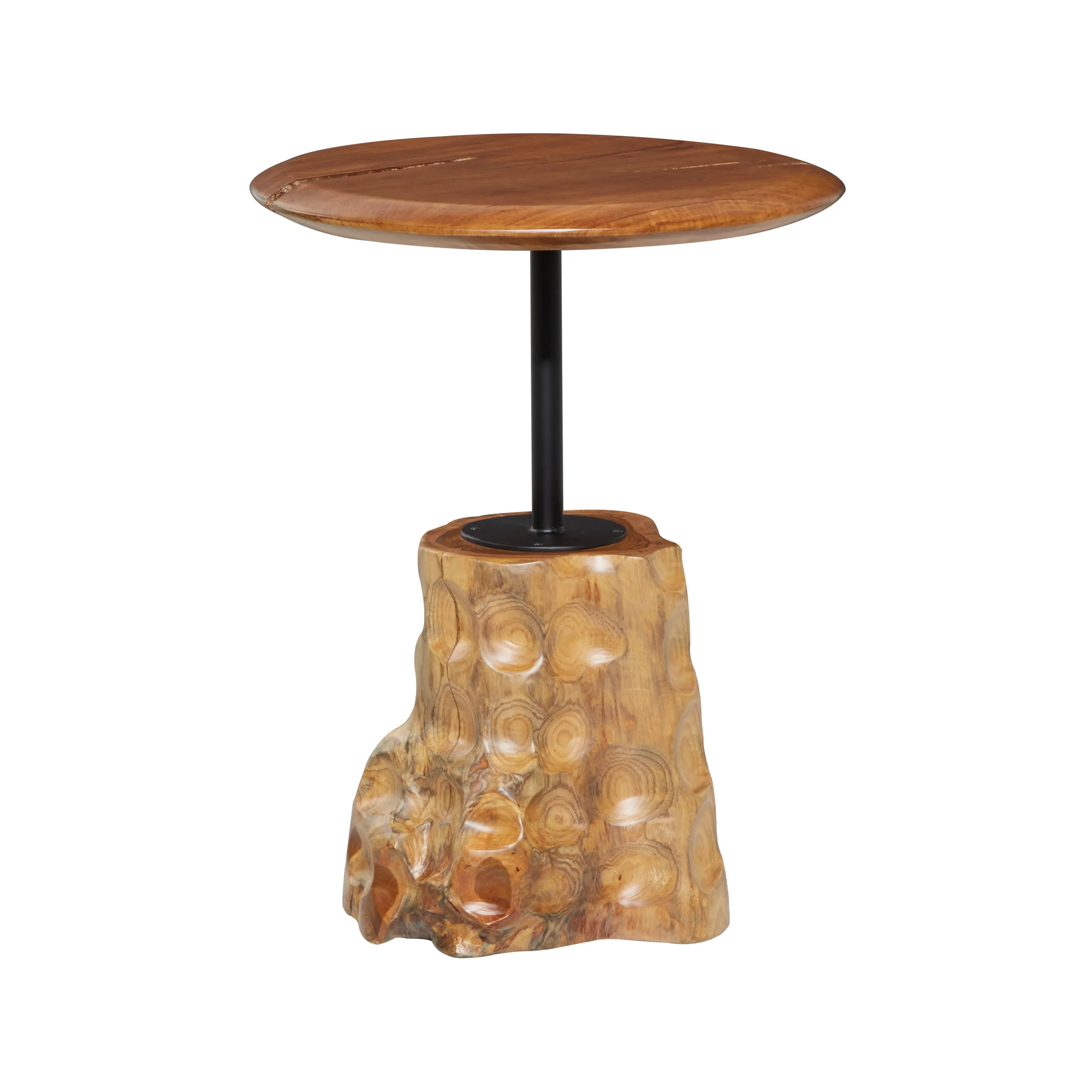 DecMode 18" x 23" Brown Teak Wood Handmade Live Edge Raised Tabletop Accent Table with Tree Stump Base, 1-Piece