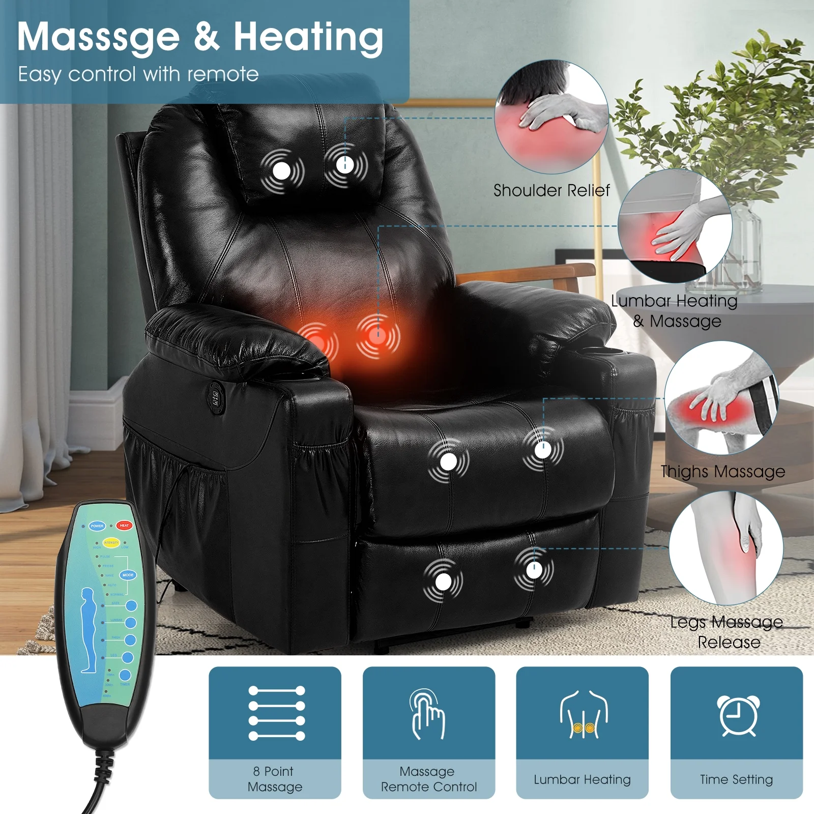 TEKAMON 3-Position Large Power Lift Recliner Chair with Massage and Heating for Elderly, Real Leather(Black)