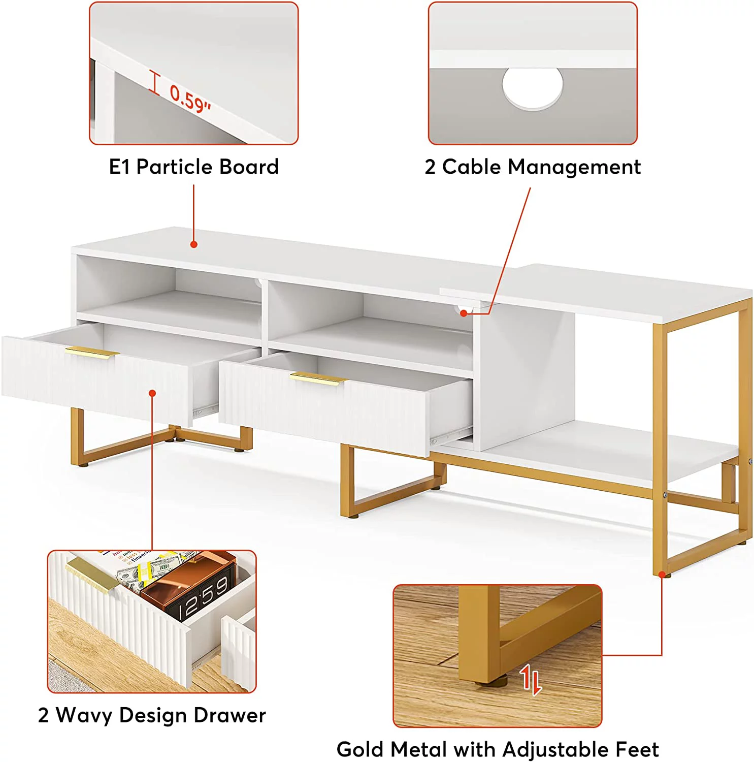 63" Wide TV Stand for TVs up to 65 55 inches, White and Gold Television Stands Entertainment Centers with 2 Drawers and Open Shelves