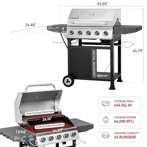 Royal Gourmet GA5406TS 5 Burner Propane Gas Grill with Side Burner and Sear Burner