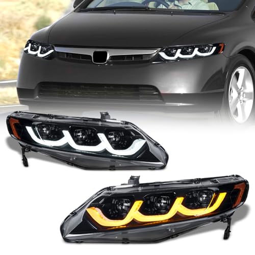 Full LED Headlights for Honda Civic Sedan 2006-2011, 3 Projector Head Lamp Assemblies for 8th gen Civic Sedan, Head Light with Sequential turn signal
