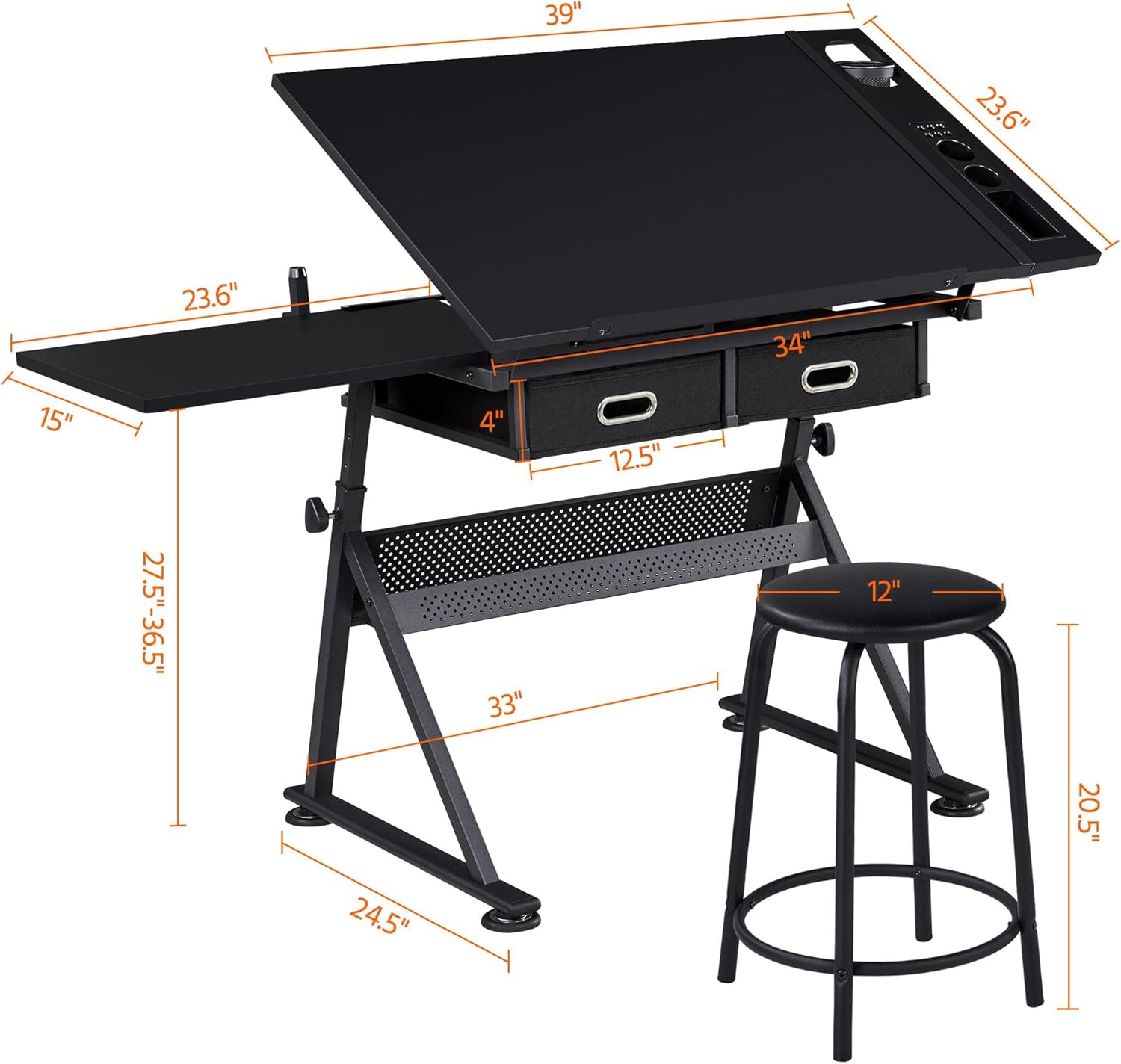 Yaheetech Art Craft Table Drawing Table Height Adjustable Drafting Desk Work Station with Tiltable Tabletop w/Stool and 2 Storage Drawers for Reading