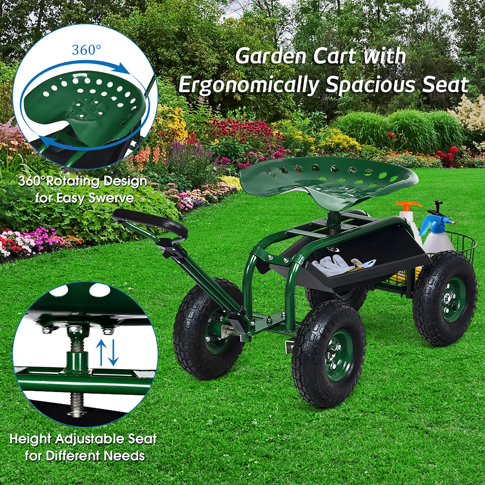 Costway Garden Cart Rolling Work Seat w/Tray Basket E xtendable Handle Green