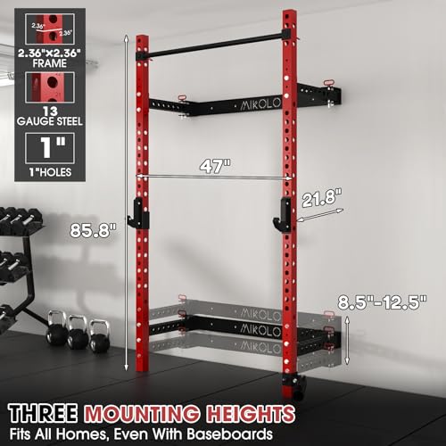 Mikolo 2" x 2" Folding Wall Mounted Squat Rack, 1000 Pounds Capacity Power Rack with Pull Up Bar, J Hooks and Other Attachments, Space-Saving Home Gym