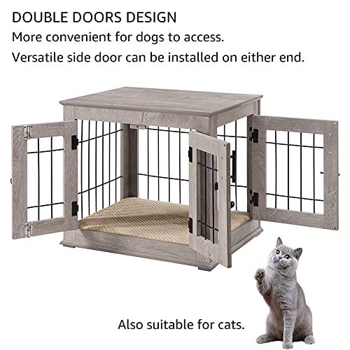 beeNbkks Furniture Style Dog Crate End Table, Double Doors Wooden Wire Dog Kennel with Pet Bed, Decorative Pet Crate Dog House Indoor Medium Large