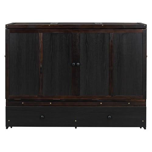 Harper & Bright Designs Queen Murphy Bed with USB Charging Station and Large Drawer, Wooden Queen Size Bed Wall Bed with Storage