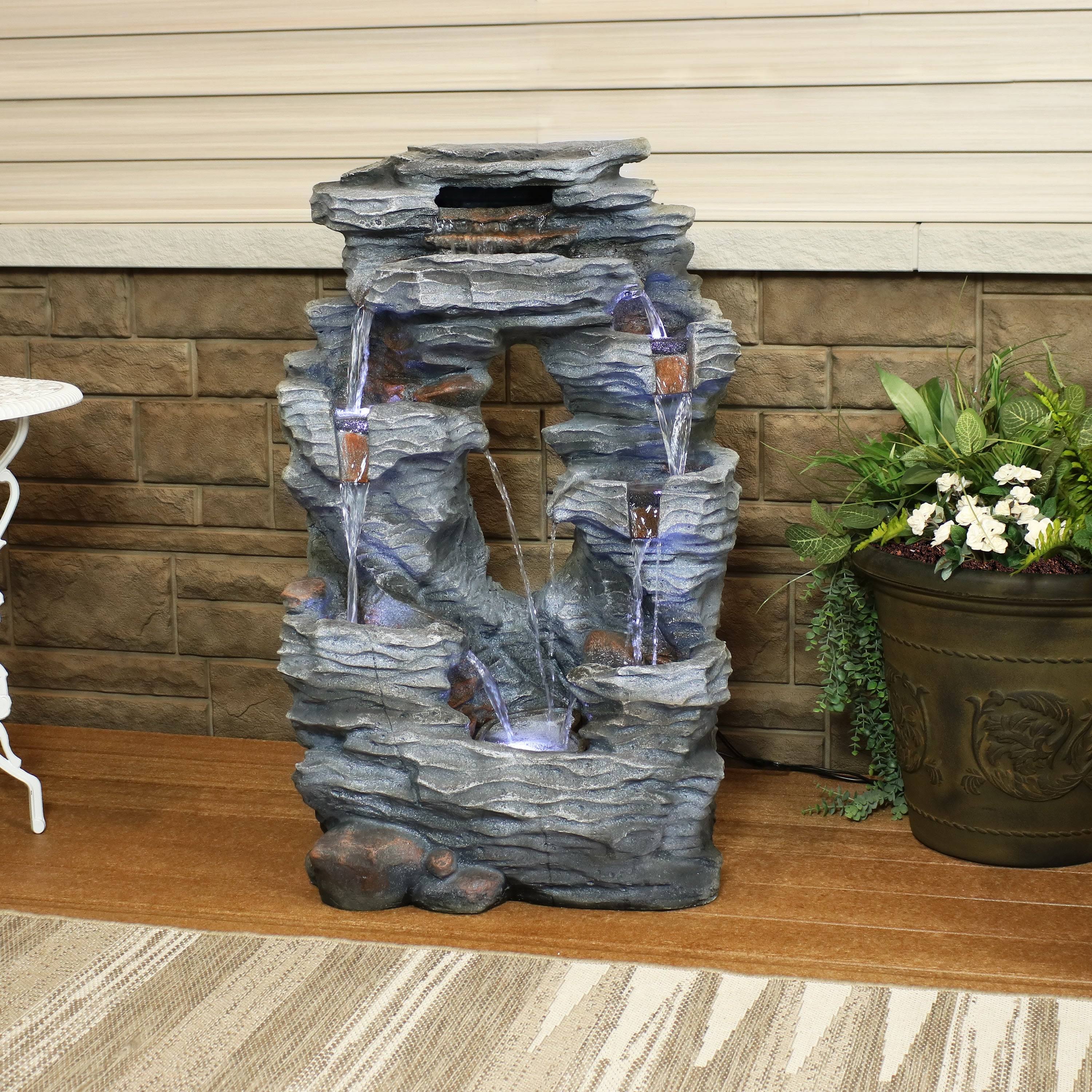 Sunnydaze Decor Dual Cascading Rock Falls 39x22 Water Fountain with LED Lights
