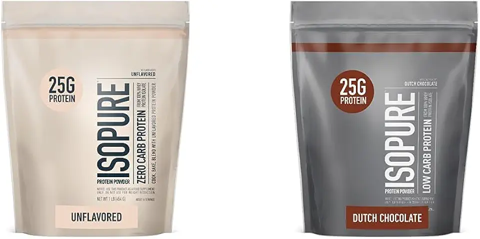 Isopure Unflavored Protein, Whey Isolate, 1 Pound (Packaging May Vary) & Dutch Chocolate Whey Isolate Protein Powder with Vitamin C & Zinc, 1 Pound
