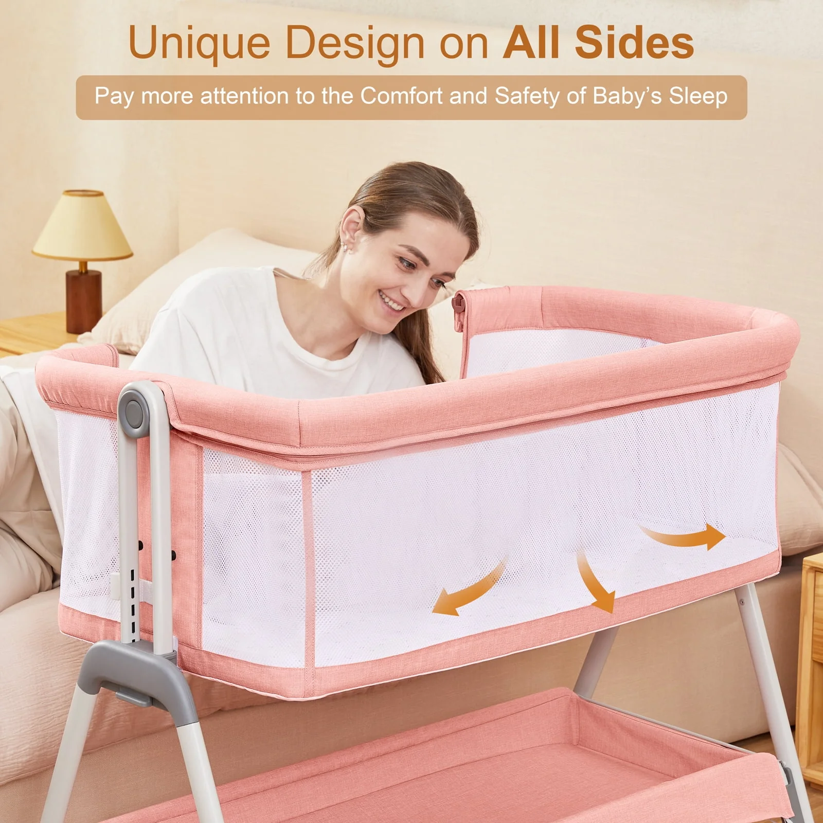 ANGELBLISS Flat Bedside Bassinet with Storage Basket, Easy Folding Portable Crib with Wheels, Included Breathable Mesh