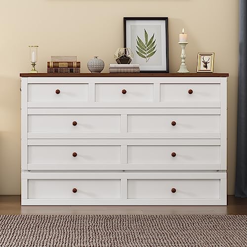 Full Murphy Bed, Full Murphy Cabinet Bed with Storage Drawers, Murphy Bed with Charging Station, Wood Murphy Bed Cabinet Bed