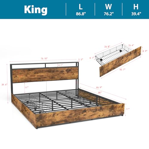 Queen Size Bed Frame with 4 Storage Drawers, LED Platform Bed with Headboard, Built in Charging Station, Noise Free, Stable and Solid