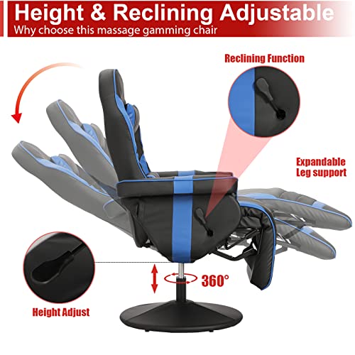 Massage Video Gaming Recliner Chair - Ergonomic Backrest & Seat Height Adjustment Swivel Recliner