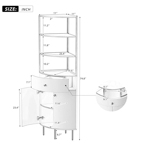 Modern Tall Corner Cabinet, 74.8" Corner Bookshelf with Storage Corner Bookcase with 1 Drawer and 2 Doors
