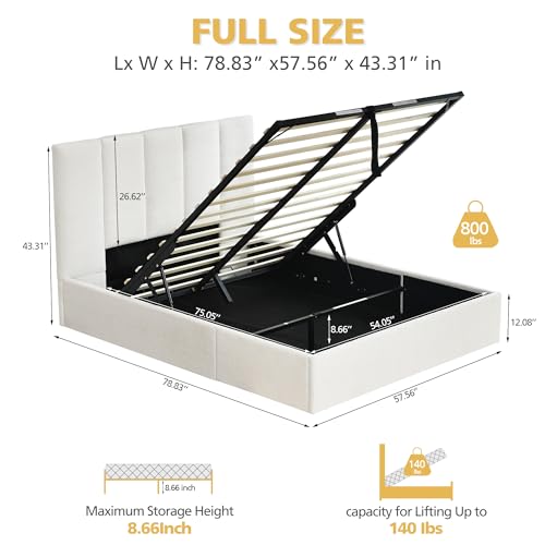 VELOCAVA Queen Size Lift-Up Storage Bed, Upholstered Boucle Bed with Curved Headboard, Rounded Corners, Sturdy Wooden Slat Support