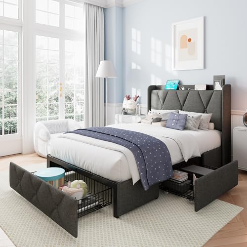 iPormis Queen Bed Frame with 4 Storage Drawers, Upholstered Platform Bed Frame with Charging Station, Modern Wingback Storage Headboard