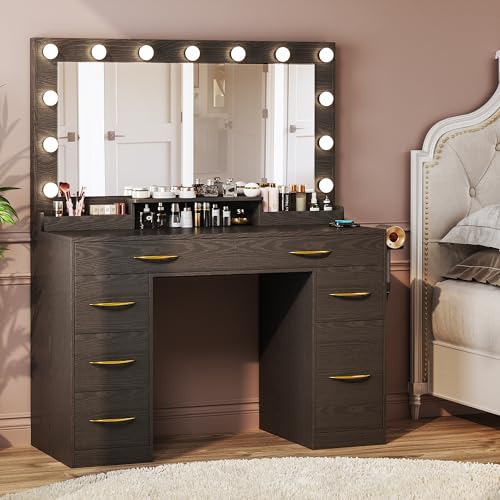 Makeup Vanity Desk with Lights, Vanity Desk with Large Mirror, White Vanity with Outlets Large Drawers & Storage, 3 Lighting Color Adjustable