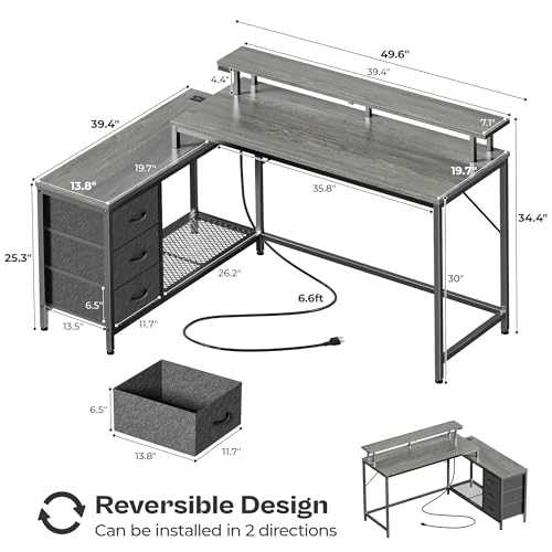 Huuger Reversible L Shaped Computer Desk with Drawers, Gaming Desk with LED Lights and Power Outlets, Office Desk with Storage Shelves