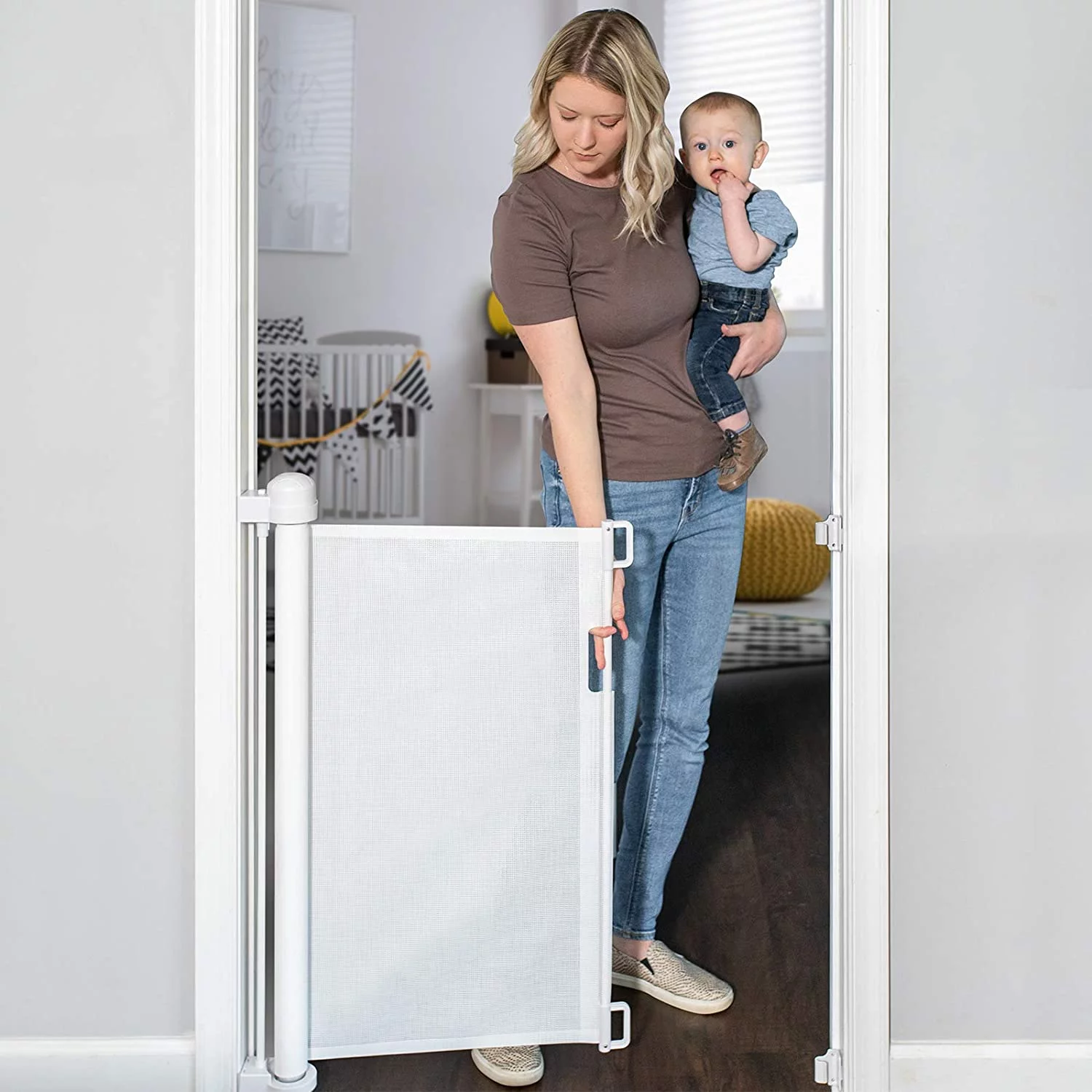 Retractable Baby Gate, Extra Wide Safety Kids or Pets Gate, 33” Tall, Extends to 55” Wide, Mesh Safety Dog Gate for Stairs, Indoor, Outdoor, Doorways