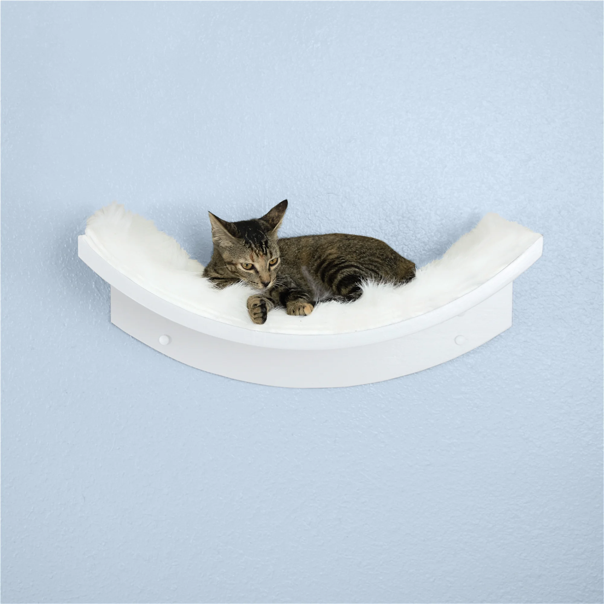 The Refined Feline Lotus Leaf Cat Shelf, Curved Solid Wood Wall-Mounted Perch with Removable Faux Fur Lining, White, 9 in H