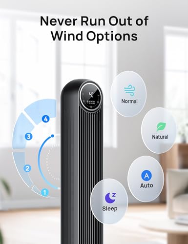 Dreo Tower Fan for Bedroom, 25ft/s Velocity Quiet Floor Fan, 90° Oscillating Fans for Indoors with 4 Speeds, 4 Modes, 8H Timer, Standing Fans