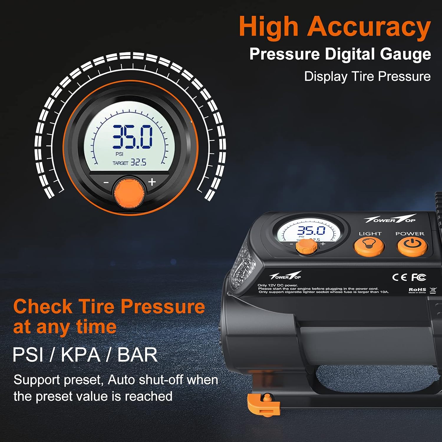 Air Compressor Tire Inflator: Portable 12V DC Air Pump for Car Tires 100PSI Tire Pump with Digital Pressure Gauge, LED Emergency Lights for Car