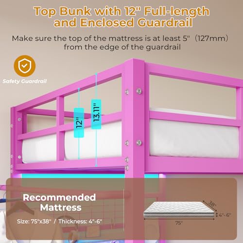 DICTAC Twin Over Twin Size Bunk Bed with Desk and Charging Station Metal Loft Bed with Led Lights & Storage Shelves and Drawers L-Shaped Bunk Bed for