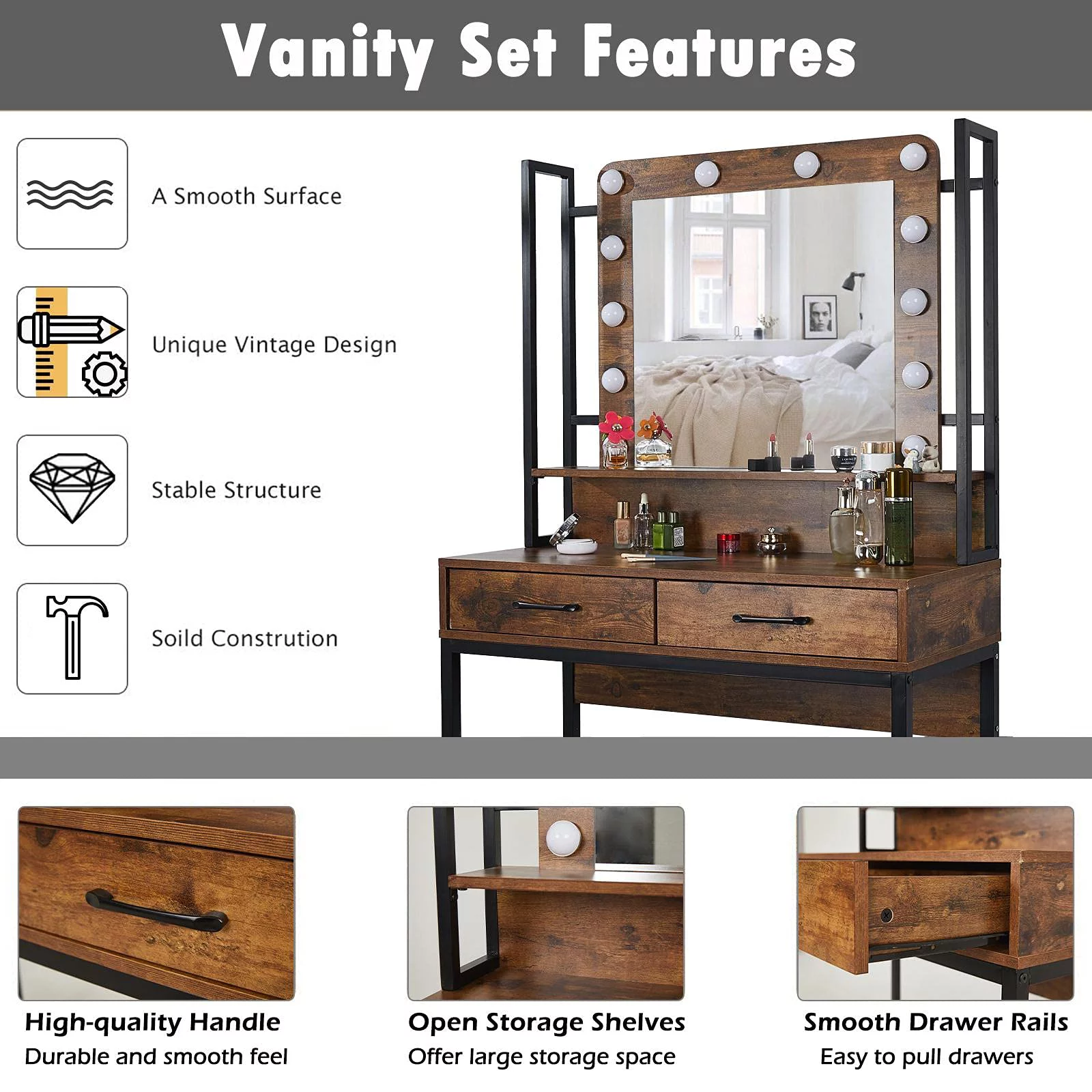 Veanerwood Rustic Vanity Set with Adjustable Lights, Makeup Vanity Table Desk for Bedroom, 3 Drawers, Brown