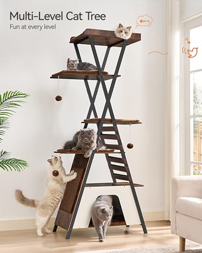 FourFurPets 72.4" Modern Cat Tower for Indoor Cats - Multi-Level Condo With Caves, Tall Tree With Scratching Board, Wooden Tower With Large Perch