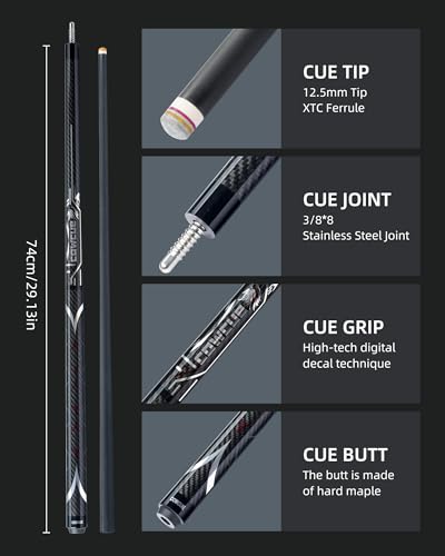 CRICAL Carbon Fiber Pool Cue Stick 58" Billiard Cue Sticks Professional Low Deflection Pool Sticks with 3/8 * 8 Pin Joint and 12.5mm Tip