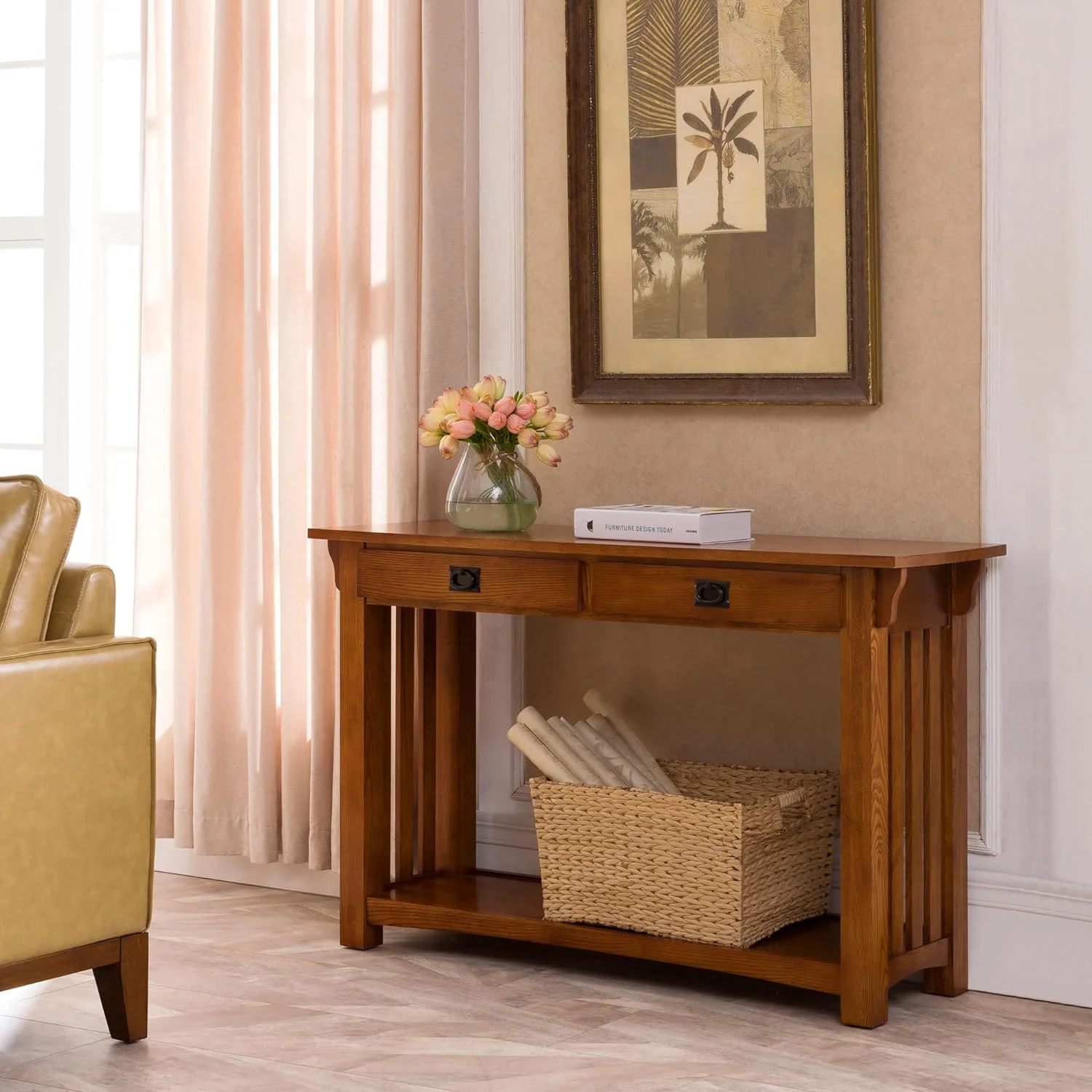 8233 Mission Impeccable Two Drawer Hall Console Table With Shelf, In X 16 In X 30 In (D X W X H), Medium Oak