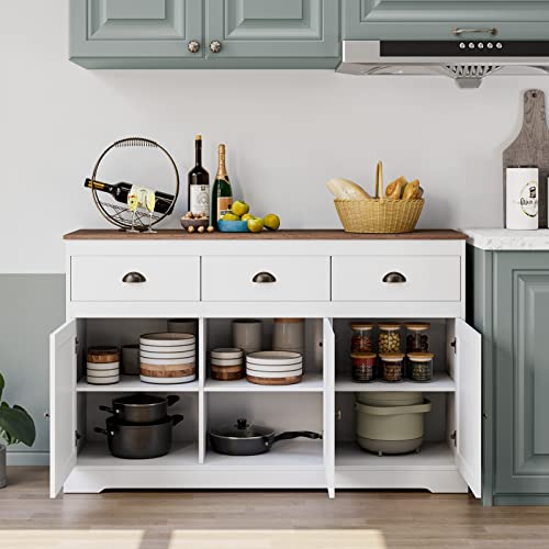 Keyluv White Buffet Cabinet Storage Sideboard Farmhouse Server Bar Wine Cabinet with 3 Drawers & 3 Doors Adjustable Shelves Console Table for Dining
