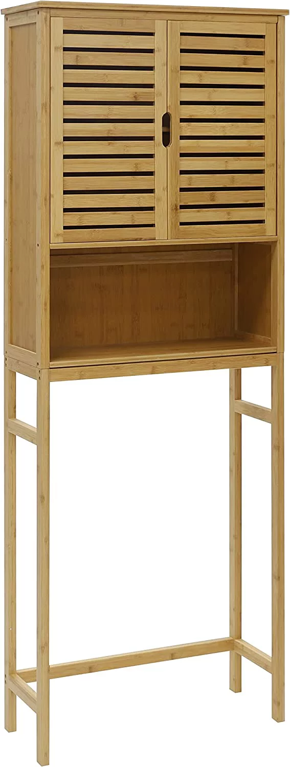 Bamboo Over-The-Toilet Storage Cabinet Bathroom Organizer with Shelf and Cupboard, Freestanding Small Over The Toliet Cabinet, Space Save, Natural