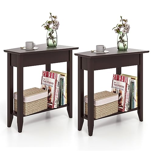 GOFLAME 2-Tier Wedge End Table Set of 2, Narrow Triangle Side Table with Storage Shelf, Solid Wood Legs, Nightstand