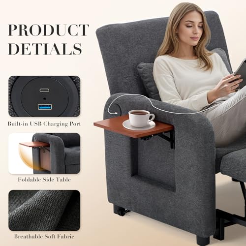 COLAMY Convertible Sleeper Chair-Fabric Futon Sofa Bed, Single Sleeper Sofa, Small Couch Bed with USB Port, Foldable Table, Pillow