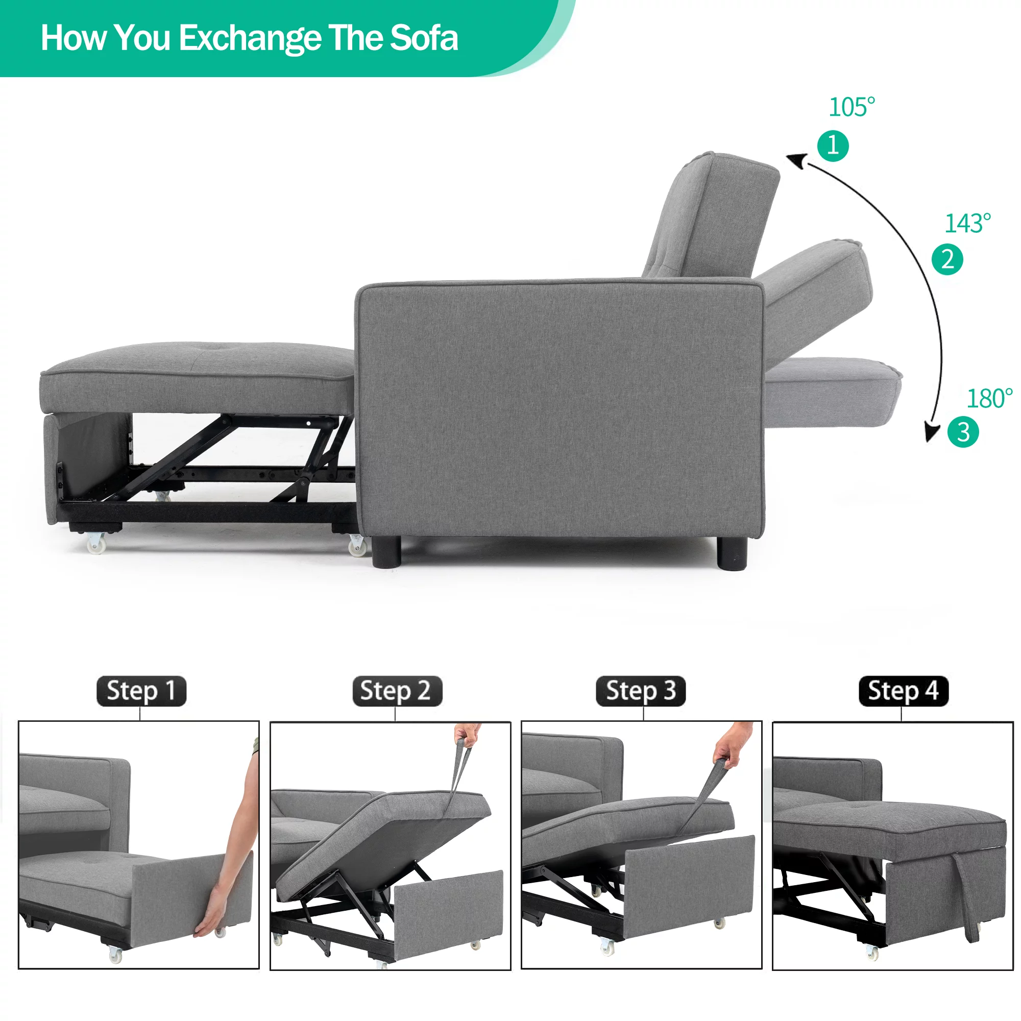 Daybed Convertible Chair Bed Sofa Sleeper 3-in-1 for Adults Single Adjustable Chair with Pillow and Pocket Linen Fabric Modern Arm Chair Light Grey