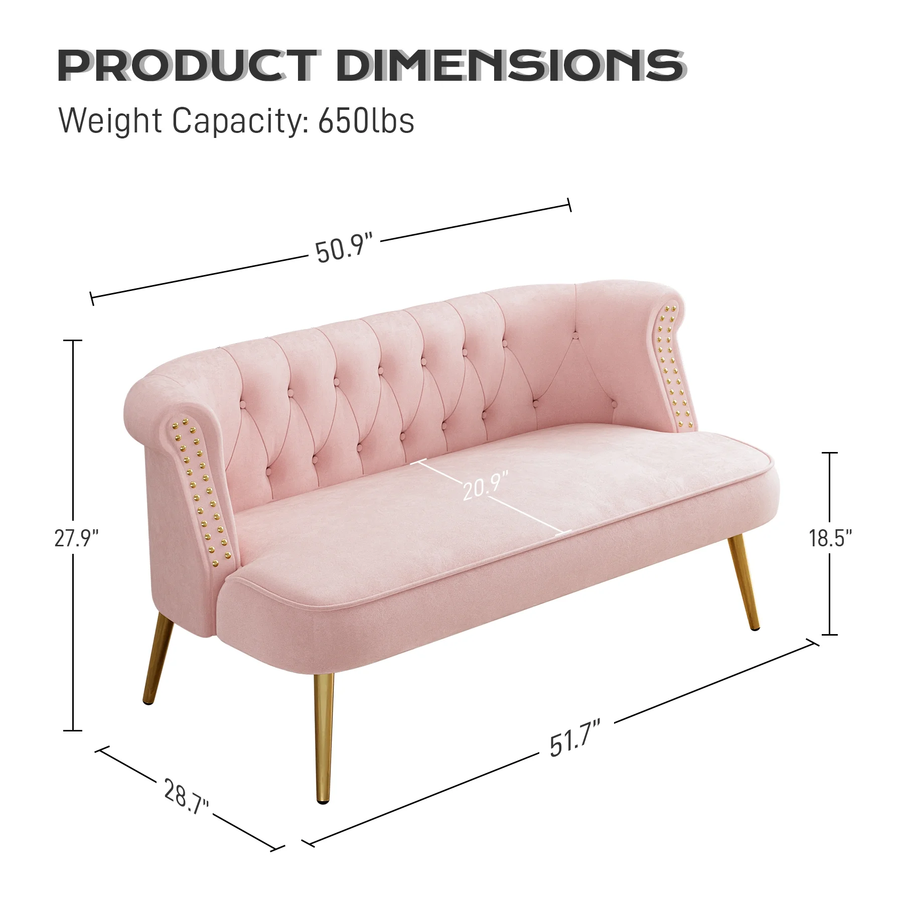 Modern Loveseat Settee Bench Sofa with Nailhead Trim and Golden Legs