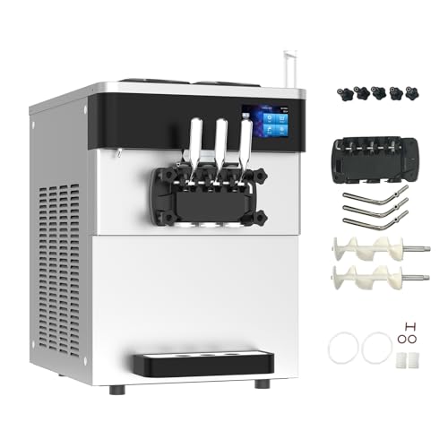 Commercial Ice Cream Maker Machine 2450W Soft Serve Ice Cream Machine 5.3 to 7.4 Gal/H 3 Flavors 110V Ice Cream Machine with Pre-cooling, Auto Clean