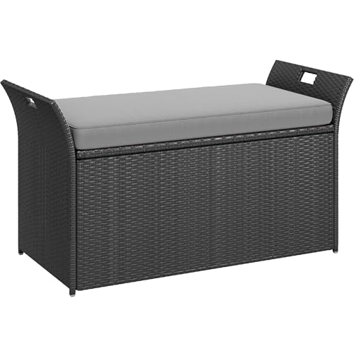 YITAHOME 90 Gallon Outdoor Wicker Storage Bench w/Cushion, Large PE Rattan Deck Storage Box w/Handles & Hydraulics for Patio Furniture, Cushions