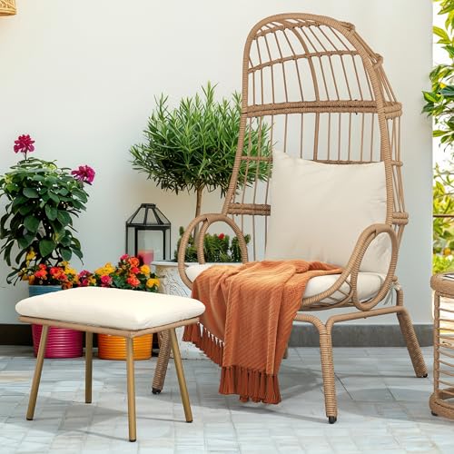 DWVO Egg Chair with Ottoman Outdoor, 370lbs Capacity Wicker Patio Glider Basket Chair with Footrest