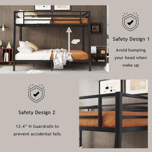 Heavy Duty Bunk Bed Frame with Ladder, Twin XL Over Twin XL Bunk Beds with Safety Guardrails, Adults Bunk Beds with Noise-Reducing Rubber Stoppers