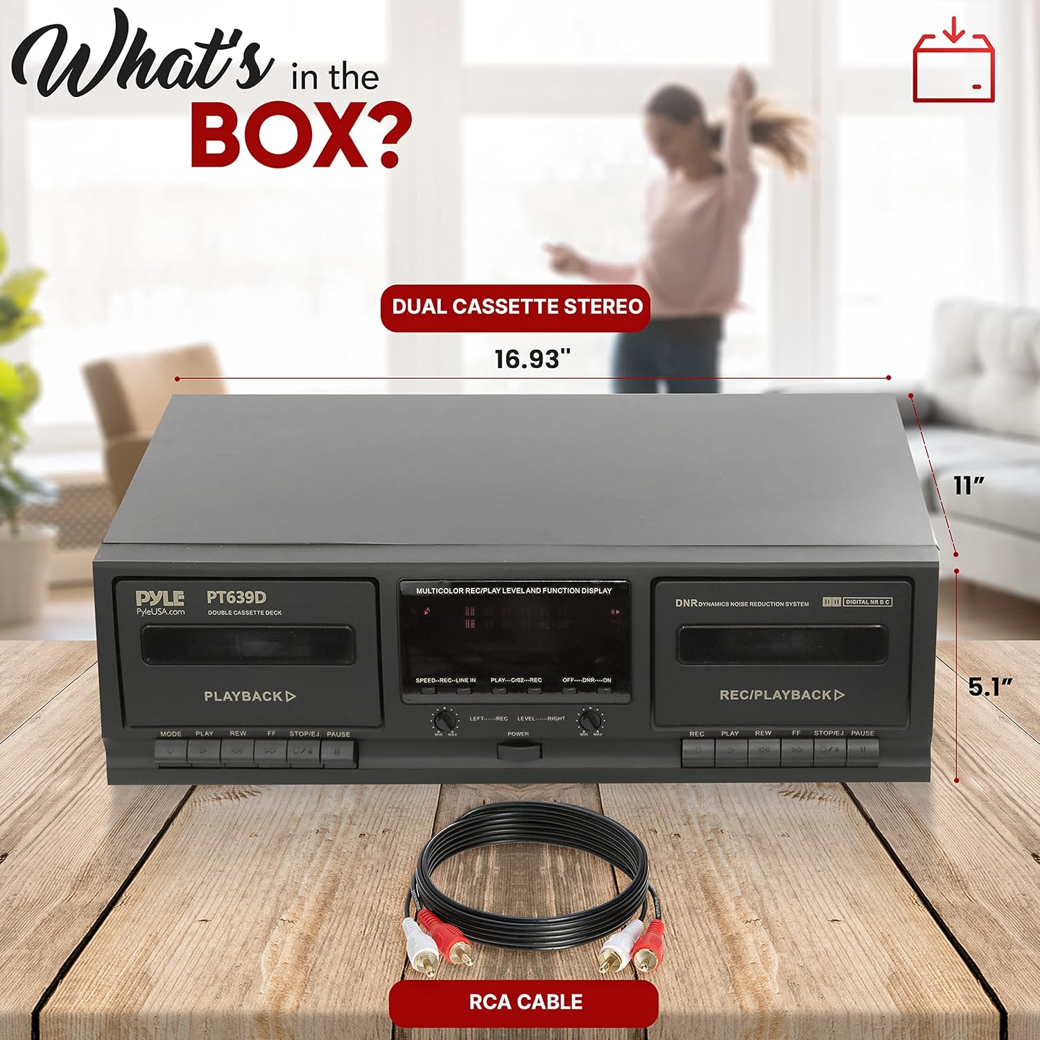 Pyle Dual Cassette Deck Stereo - Compact & Portable Hi-Fi Tape Recorder Player with Digital Professional Noise Reducing System, Automatic Recording