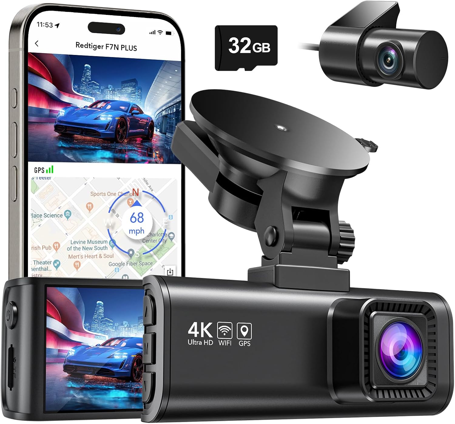Dash Cam Front Rear, 4K/2.5K Full HD Dash Camera for Cars, Free 32GB Card, Built-in Wi-Fi GPS, 3.16” IPS Screen, Night Vision, 170°Wide Angle, WDR