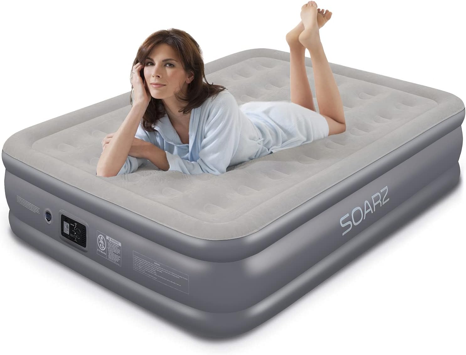 SOARZ Air Mattress Queen with Built-in Pump, Upgraded Double High Luxury Flocked Top Airbed for Home Camping Travel and Indoor Use