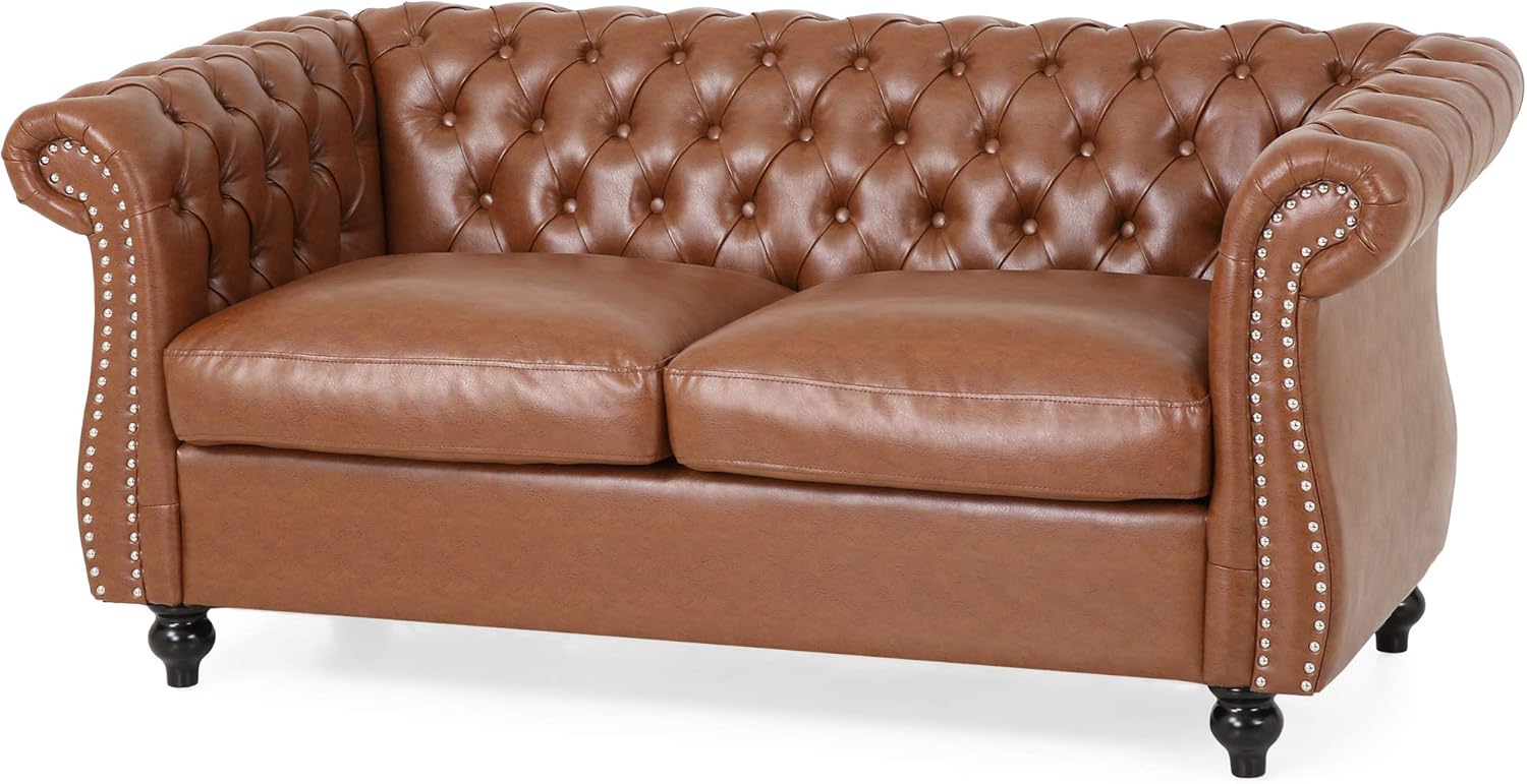 61" Loveseat Sofa for Living Room, Chesterfield Style Mini Couches with Button Tufted Backrest & Nailhead Rolled Armrest, Solid Wood Leg & Frame