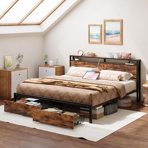 LIKIMIO King Bed Frame with Storage Headboard, Platform Bed with Drawers and Charging Station, No Box Spring Needed, Easy Assembly, Vintage Brown