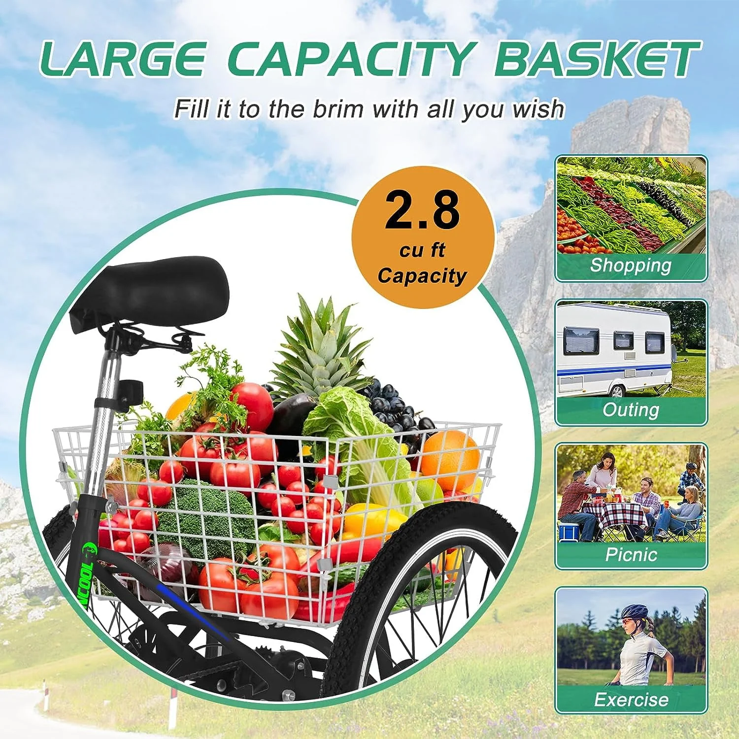 MOONCOOL Adult Folding Tricycle for Adults, 7 Speed 20/24/26 inch 3 Wheels Bikes with Basket, Foldable Tricycle for Adults, Women, Men, Seniors