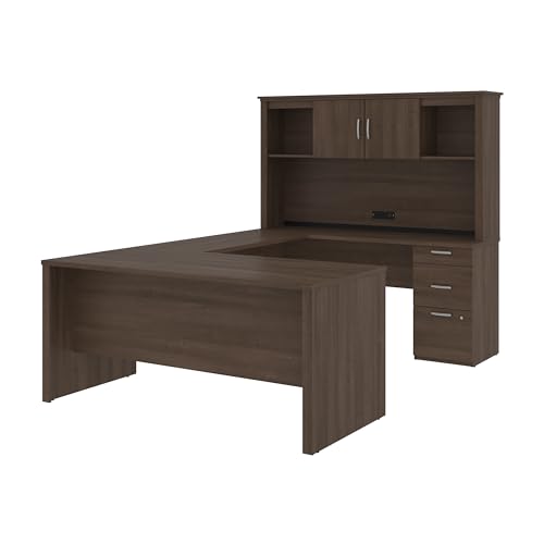 Bestar Logan 66W U or L-Shaped Executive Office Desk with Pedestal and Hutch in Bark Grey, Table Workstation for Personal Home Workspace