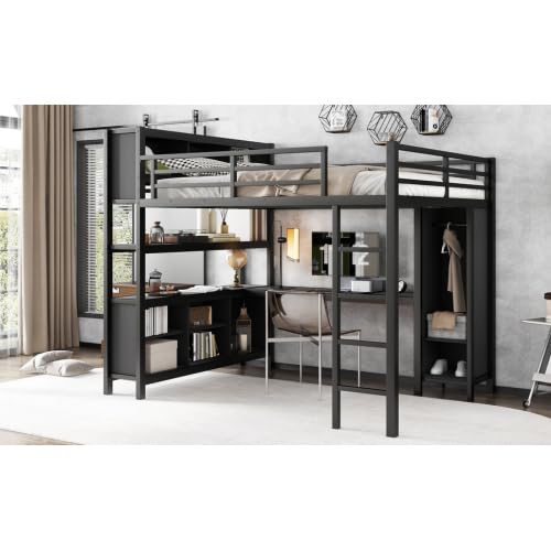 Metal Loft Bed with Wardrobe and L-Shaped Desk, Full Size Loft Bed with Storage Cubes and Shelves, Heavy Duty Loft Bed for Kids Teens, White