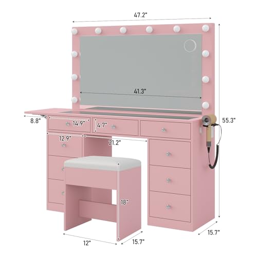 Vanity Desk with Power Outlet, 9 Drawers Makeup Vanity with Mirror and 12 LED Lights, 3 Lighting Modes, Glass Top Vanity Set, Fold-up Panel
