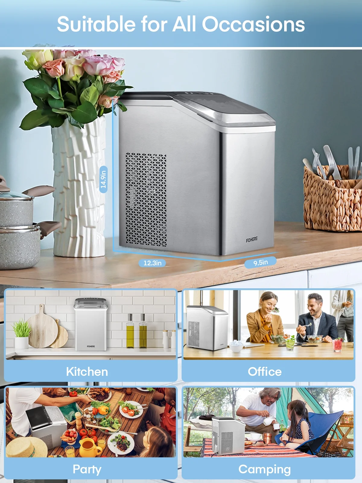 FOHERE Nugget Ice Maker Countertop, 38 Lbs In 24Hrs, Chewable Pellet Ice Cubes, Self-Cleaning Ice Machine, Stainless Steel Housing